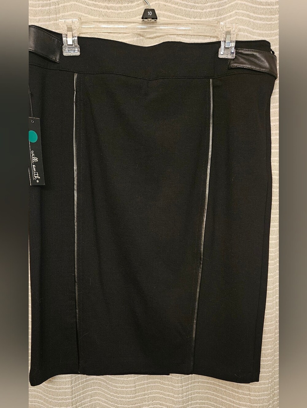 NWT, Willi Smith Black Stretch Pencil Skirt with Faux-Leather Trim (Size 10)